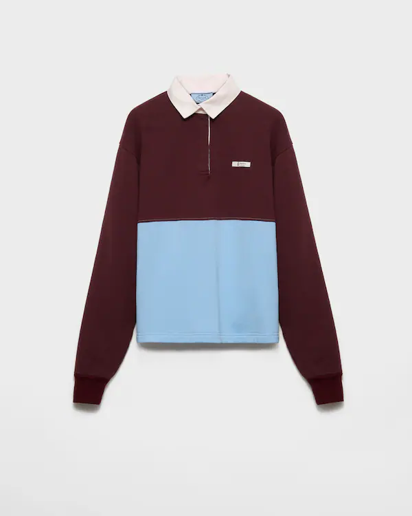 Long-sleeved cotton fleece polo shirt